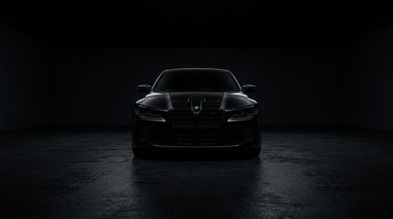 Black BMW turning its headlights on before overtaking motorway traffic at night
